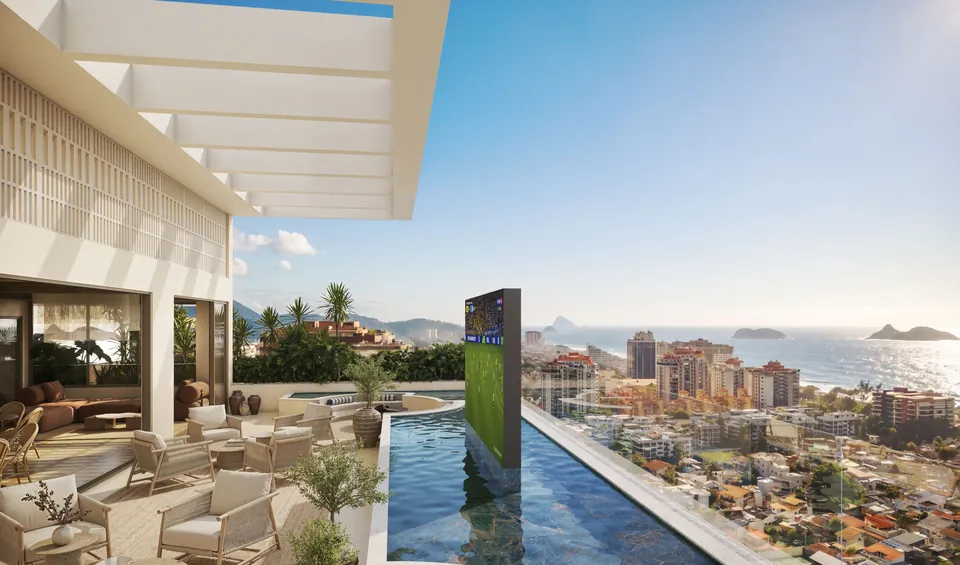 Terraço rooftop do Kronos com vista para a Barra da Tijuca